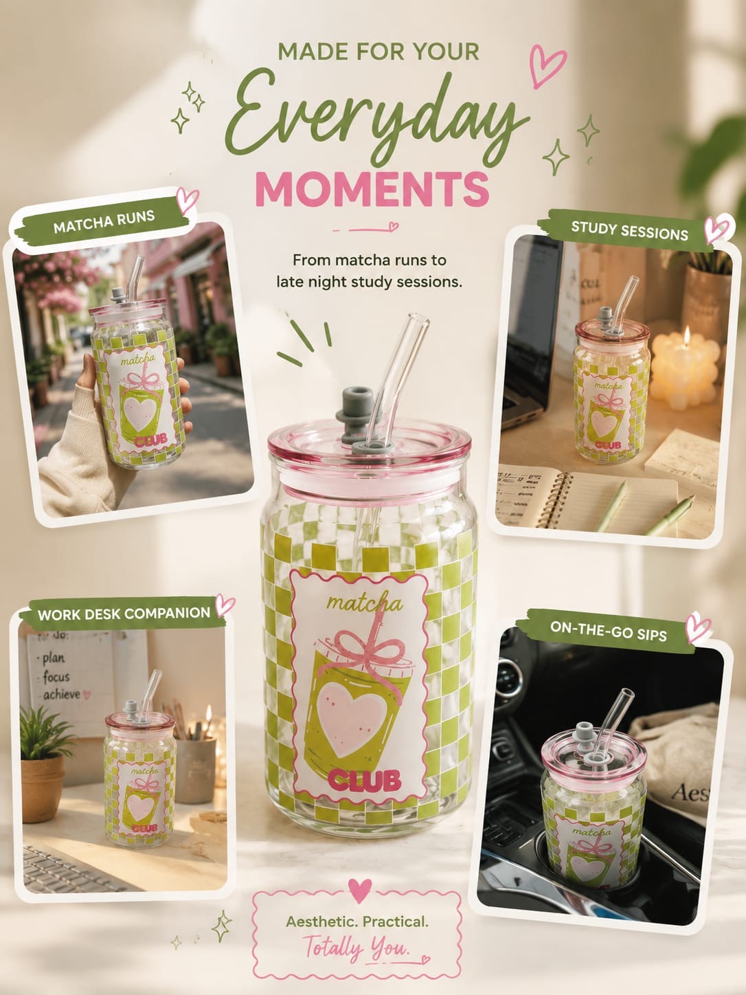 The Matcha Glass Tumbler with acrylic Lid