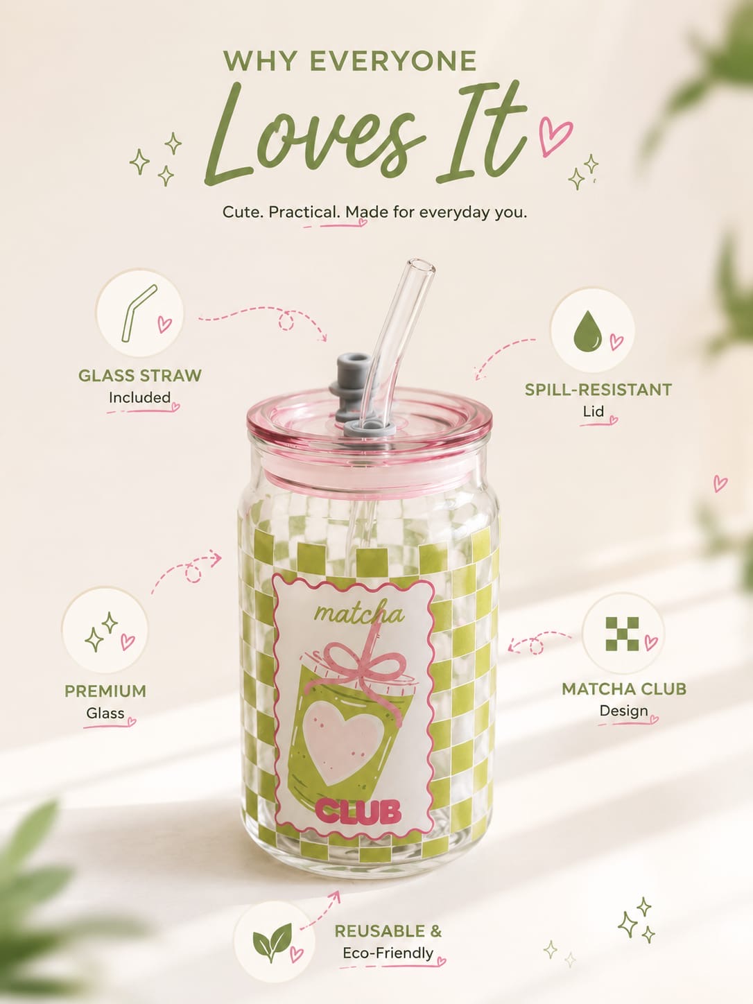 The Matcha Glass Tumbler with acrylic Lid