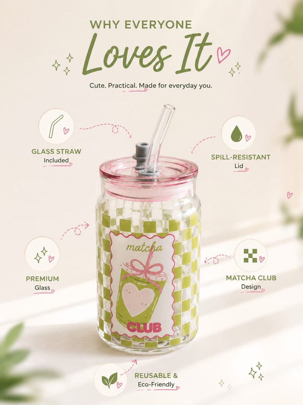 The Matcha Glass Tumbler with acrylic Lid