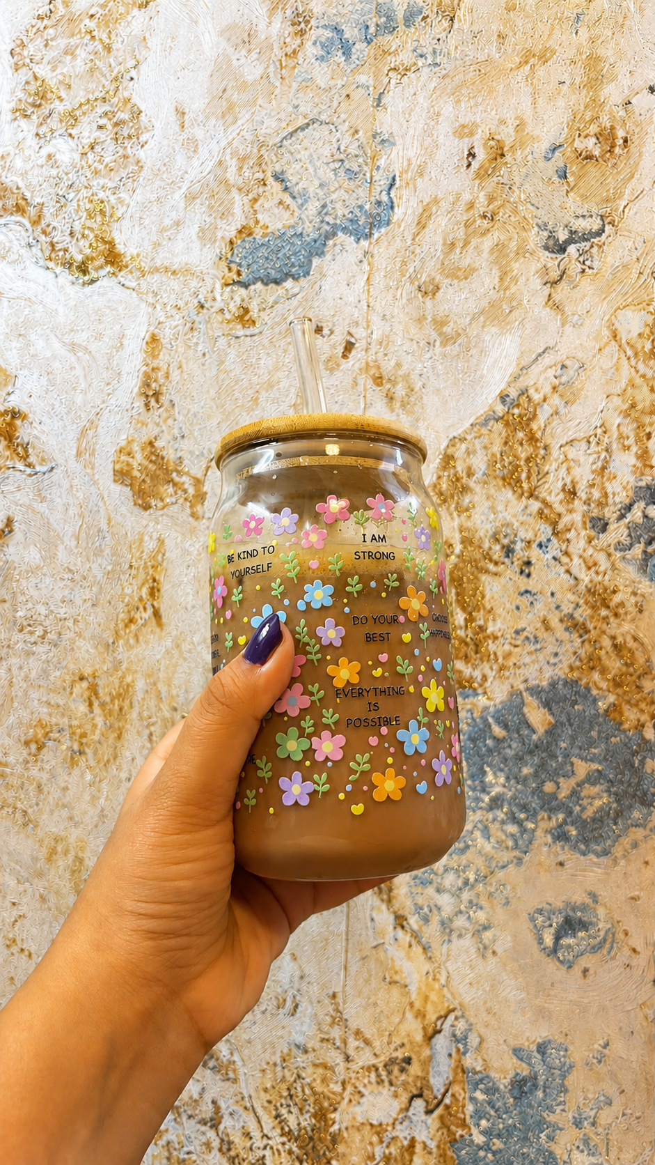 Glass Tumbler with Bamboo lid & straw | The Blossom Affirmation Glass Tumbler | 450ml