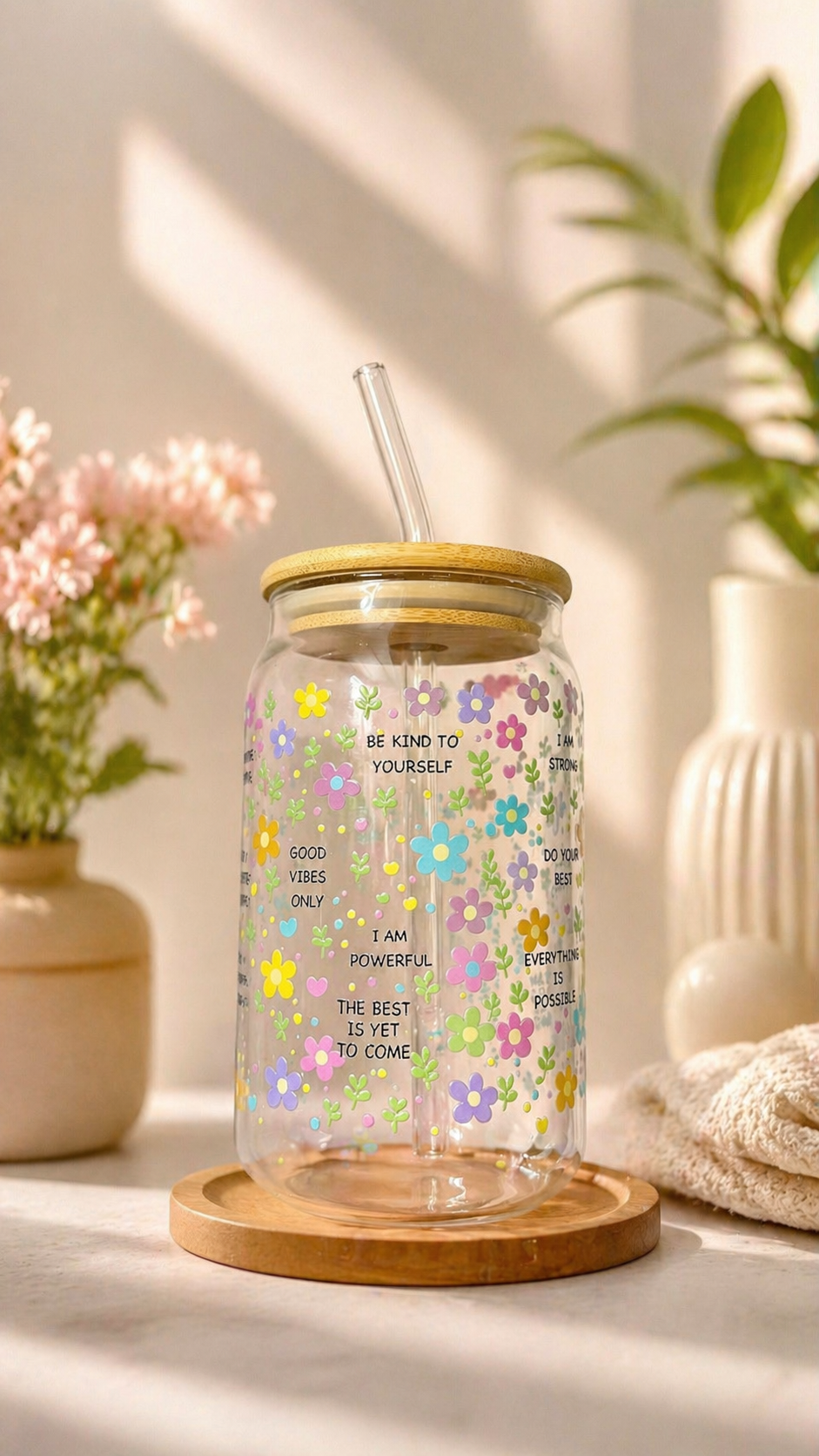 Glass Tumbler with Bamboo lid & straw | The Blossom Affirmation Glass Tumbler | 450ml