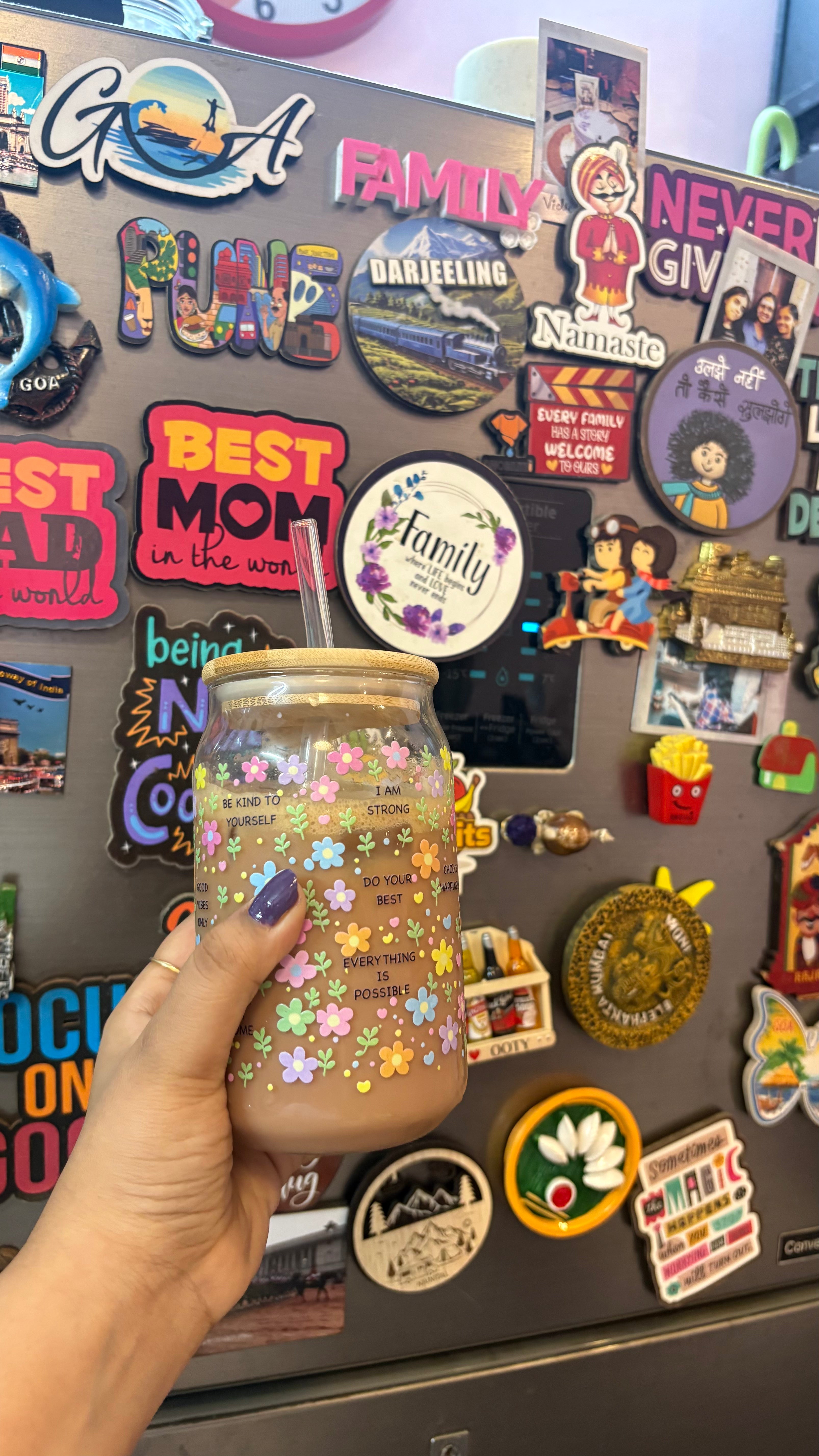 Glass Tumbler with Bamboo lid & straw | The Blossom Affirmation Glass Tumbler | 450ml